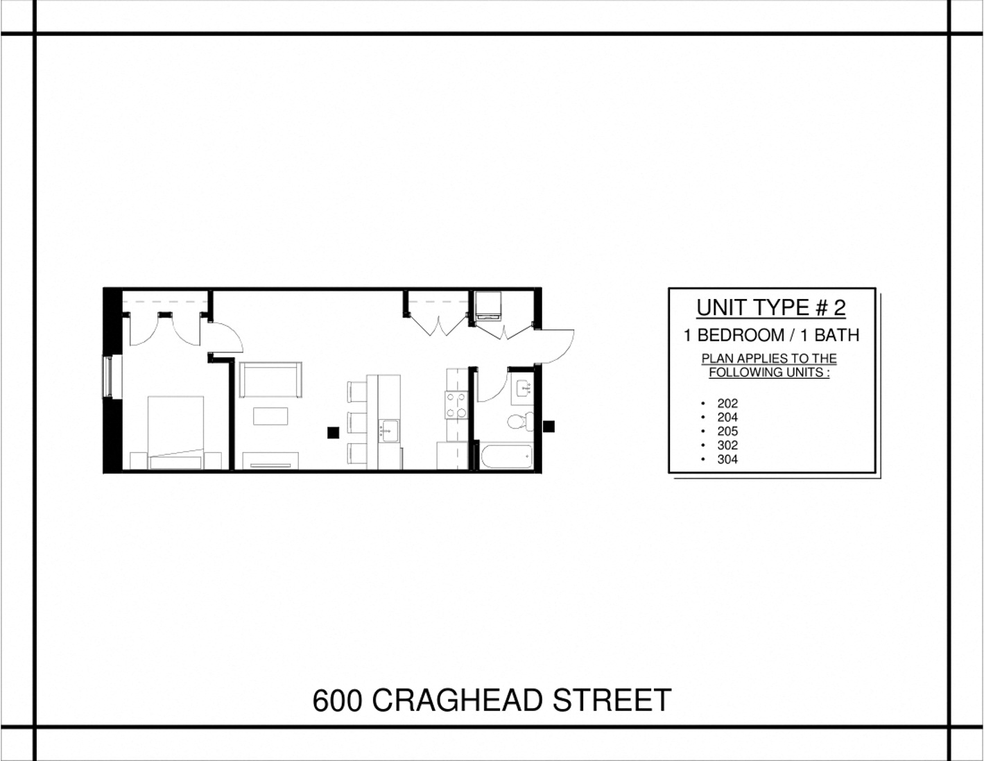 Floor plan for 1 bed, 1 bath, 500 sqft
